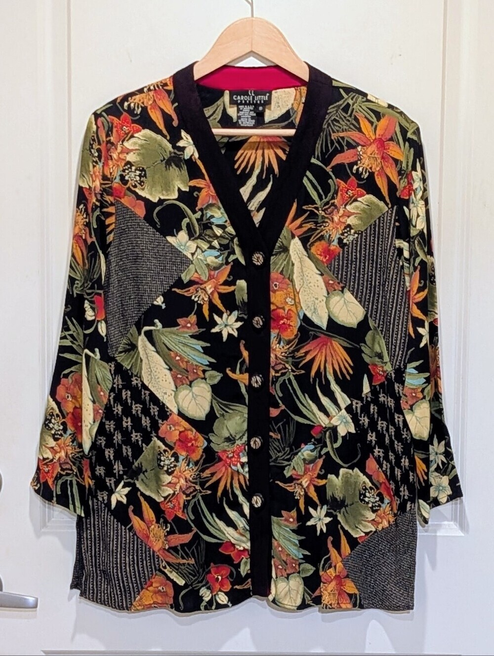 EUC 90s Carole Little Petites 8P Boho Black Floral Mixed Pattern Blouse